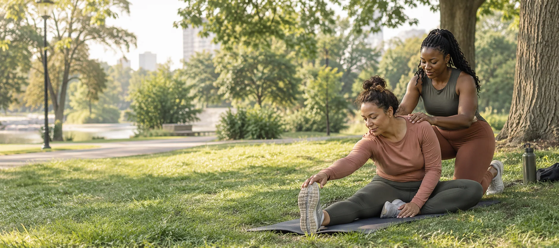 An assisted stretching session in a peaceful park