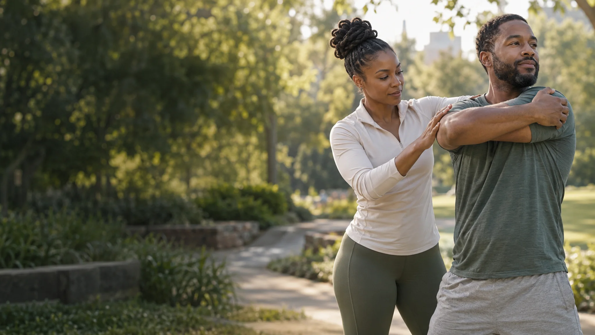 A wellness professional guiding an assisted shoulder stretch in a peaceful park